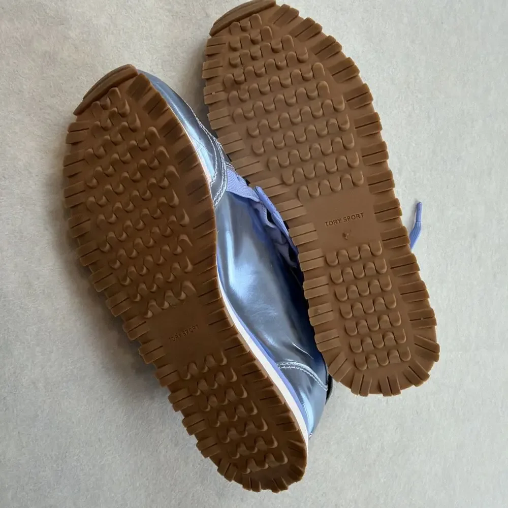 Tory Burch‎ Sport Ruffle Sneaker 6.5 Metallic Blue Leather EUC Designer Preppy
